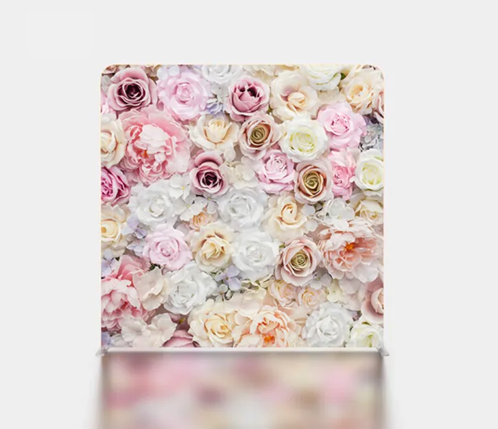 69a3bf18b984bf68a99bb60d_bg2 Flower wall photo booth backdrop with pink and white blooms