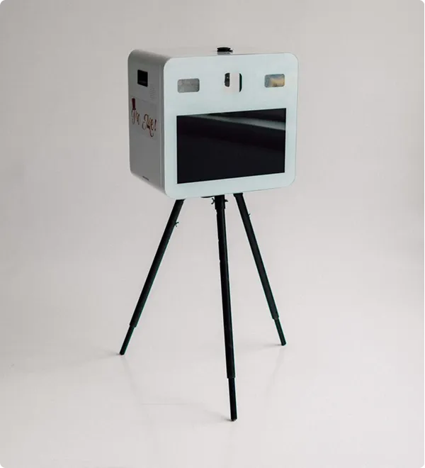 Professional photo booth unit on a stand, front view