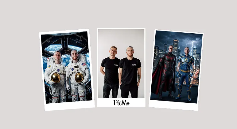 Printed photos from the PicMe AI photo booth showing guests transformed into stylised portraits