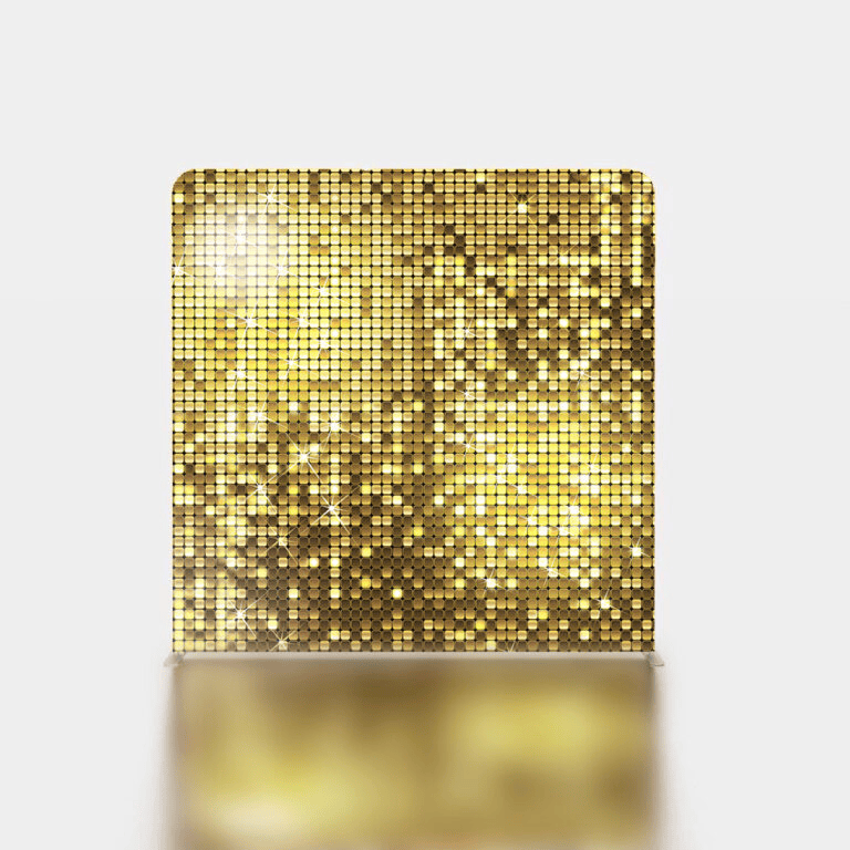 Gold sequin shimmer wall backdrop for a PicMe photo zone in Marbella