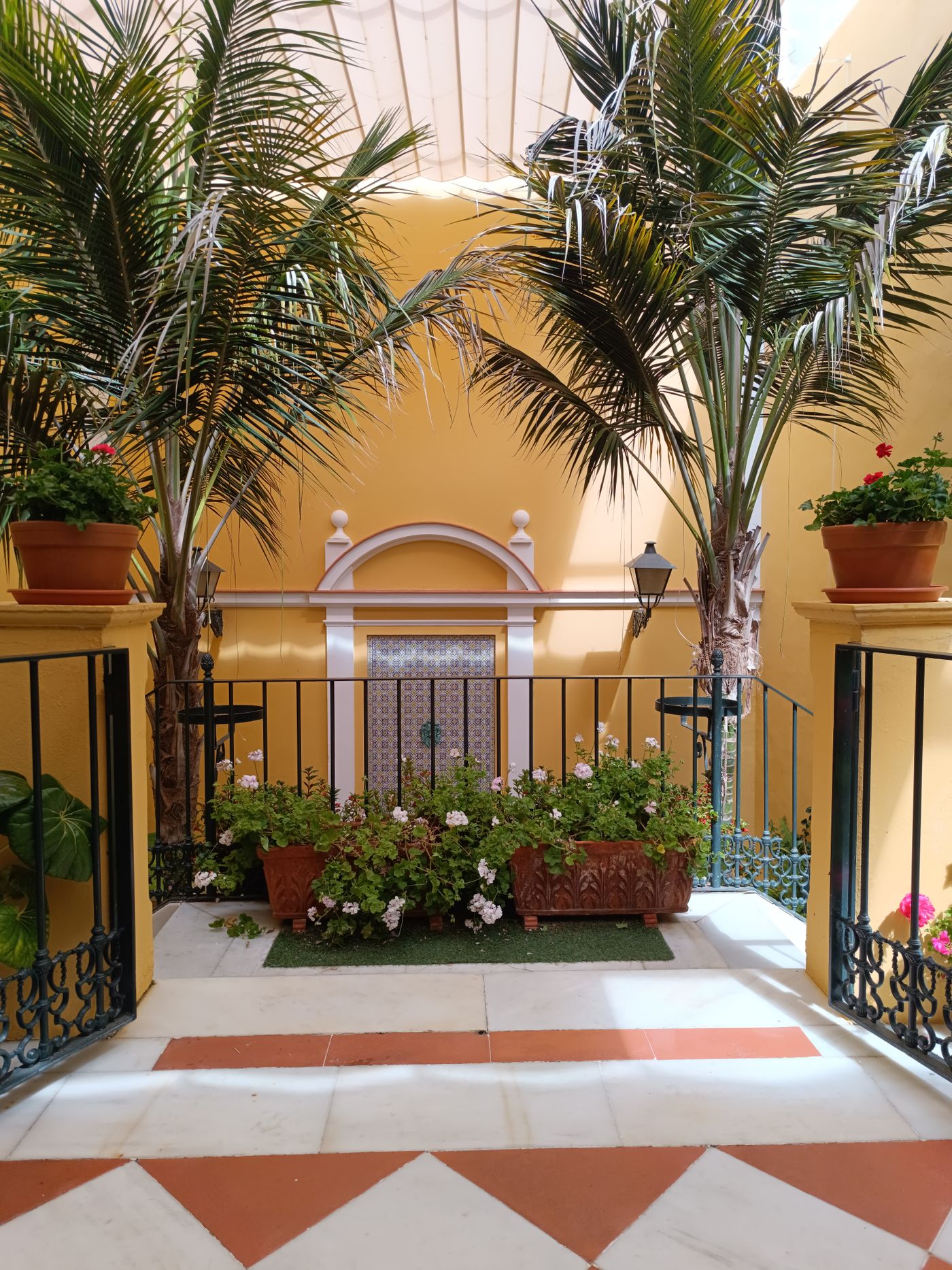 Patio of a finca set up for a wedding celebration near Marbella